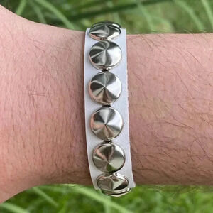 White Leather Punk Goth Rock Metal Stud Snap Cuff Bracelet NWT